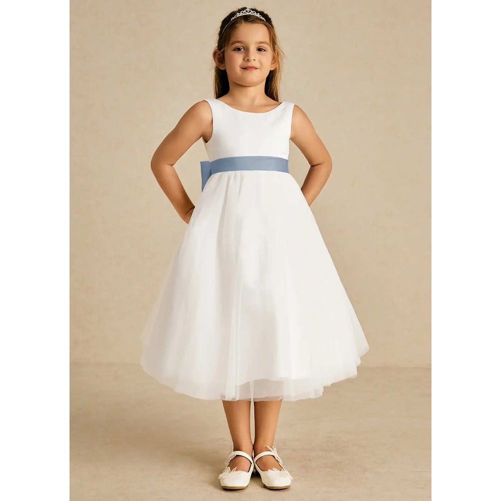 Azazie Kavi  Ivory Dusty Blue A-Line Bow Matte Satin Dress Size 7 NWT